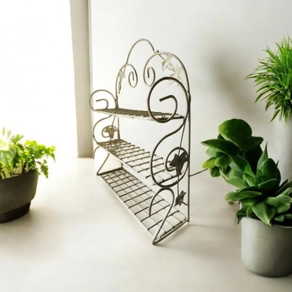 Elegant Cream Metal Shelf with Floral Accents